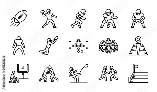 Bild auf Leinwand American Football Icon Set, Sport Player Action Graphics, Team Play Symbols, Gri