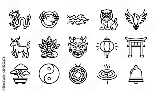 Fotografie Asian Mythology Icons, 15 Vector Symbols: Dragon, Phoenix, Yin Yang, Torii Gate,