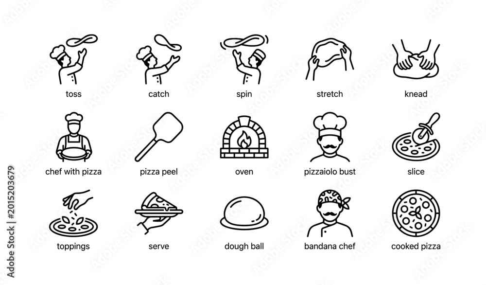 Fototapeta premium Pizza dough actions illustrated as icons in grid layout