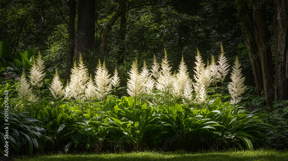 Obraz premium Sunlit white astilbe flowers in a lush garden setting with blooming, outdoors