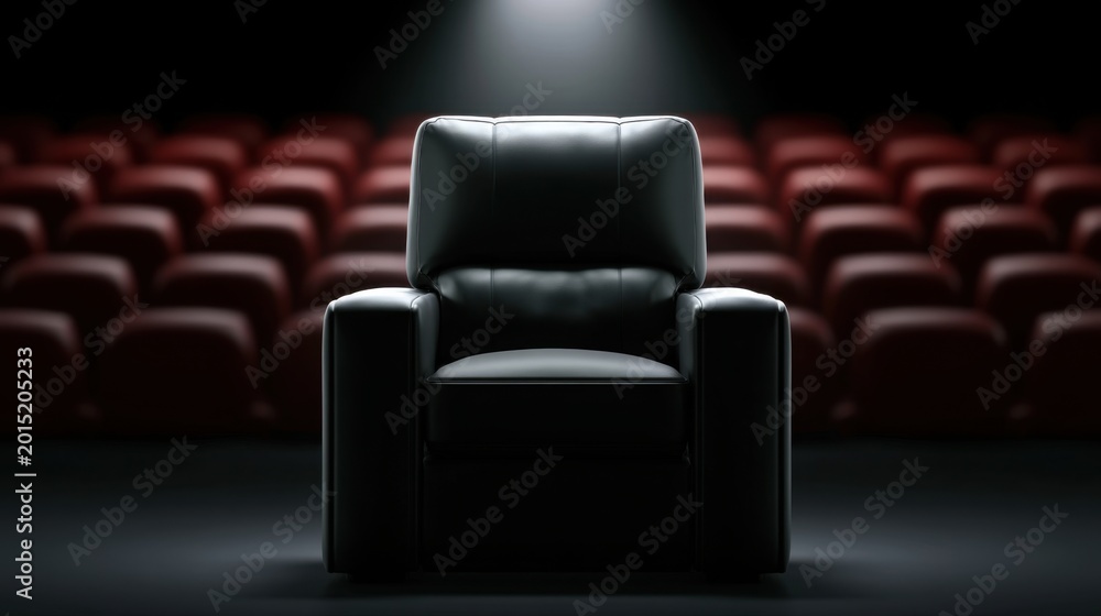 Fototapeta premium Single black leather armchair illuminated on stage with blurred red theater seat rows in background spotlight cinematic atmosphere luxury comfort