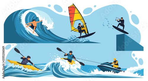 Action Water Sports Collage: Surfing, Windsurfing, Kitesurfing, Kayaking, Jet Ski