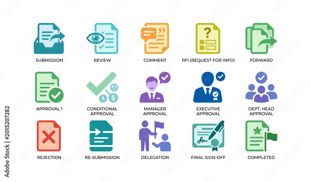 Naklejka premium Document workflow icons showing review approval and submission stages