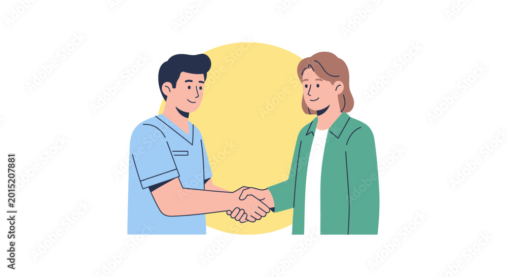 Fototapeta premium Man and woman shaking hands with yellow circle background, illustration