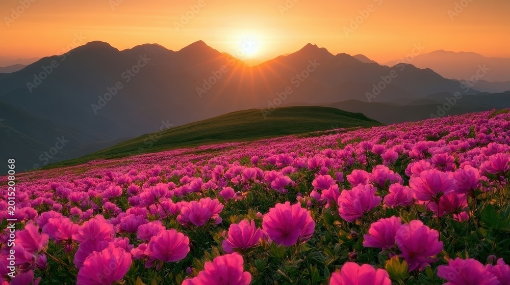 Obraz premium Stunning sunrise over mountain range with vibrant pink flower field in foreground creating a serene and colorful natural landscape scene at dawn