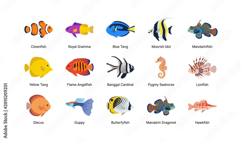 Obraz premium Illustrated reef fish icons arranged on white background