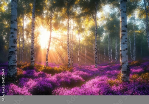 Sunlit birch forest with a carpet of purple heather and golden morning rays, serene and magical atmosphere