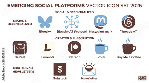 Emerging social platforms vector icons 2026 bluesky mastodon substack threads lemon8 ko fi buymeacoffee newsletters