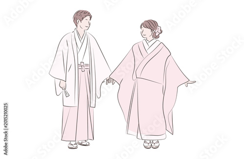 Japanese couple in traditional kimono holding hands line art illustration