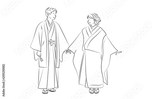 Japanese couple in traditional kimono holding hands line art illustration