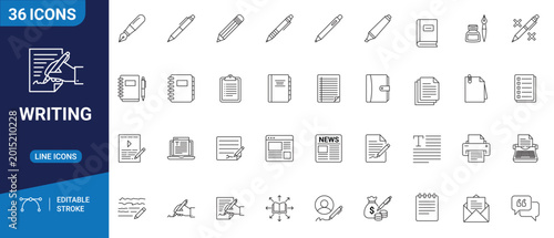 Tableau sur toile Writing set icon featuring minimalist outline illustrations of office stationery, pens, notebooks, and documents