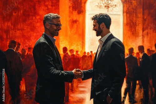 Two well-dressed men shaking hands in a warm, dramatic ballroom with silhouetted guests and a glowing chandelier, conveying formal agreement and quiet tension