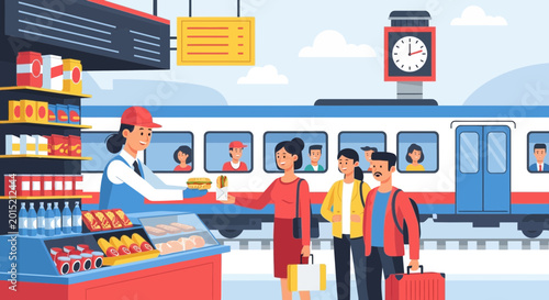 Foto Train station kiosk selling snacks and drinks to travelers by a passenger train