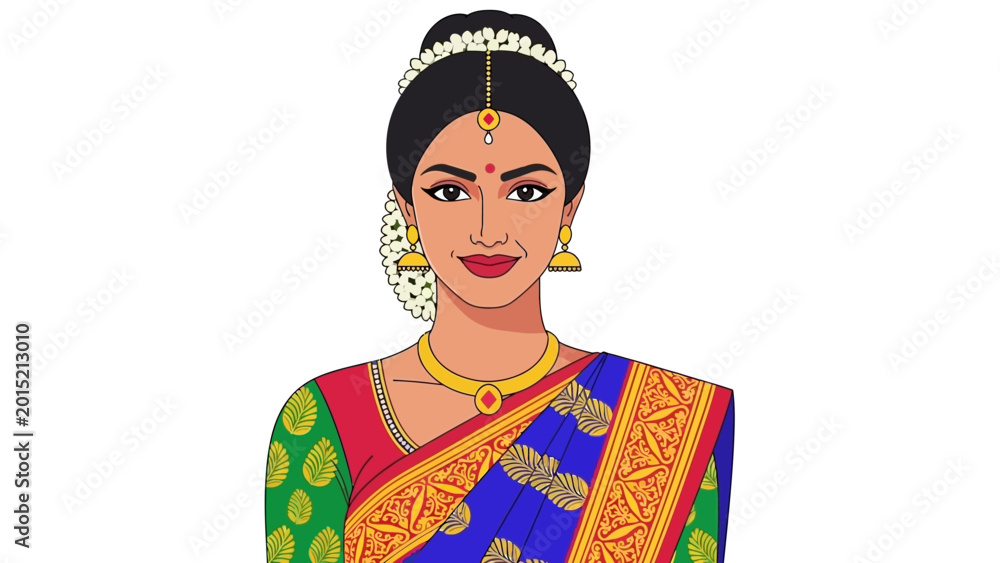 Fototapeta premium Beautiful Indian Woman in Traditional Saree and Jewelry.