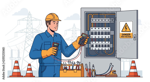 Electrician working on electrical panel with multimeter and tools, safety concept