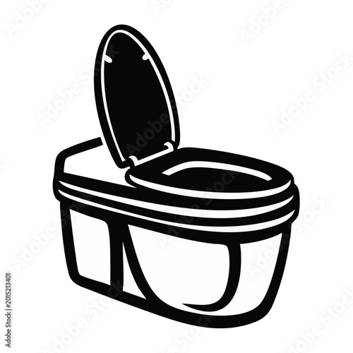 Portable composting toilet icon with open lid. Eco-friendly sanitation and waste management vector illustration. Black and white line art isolated