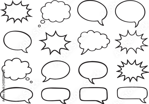 Comic speech bubbles set, hand drawn talk clouds and thought balloons, 16 black outline vector icons for manga and pop art dialogue