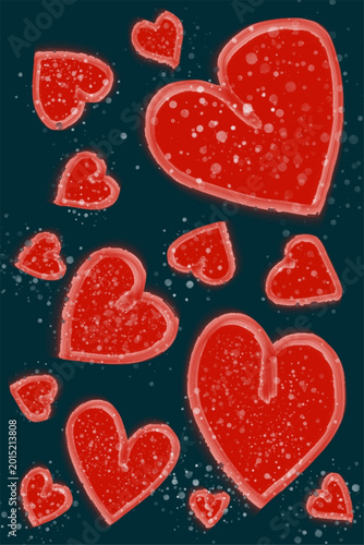 Abstract Graphic Pattern with Red Textured Motifs on Dark Teal