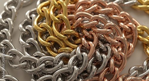 Metal chains in various colors stacked.
