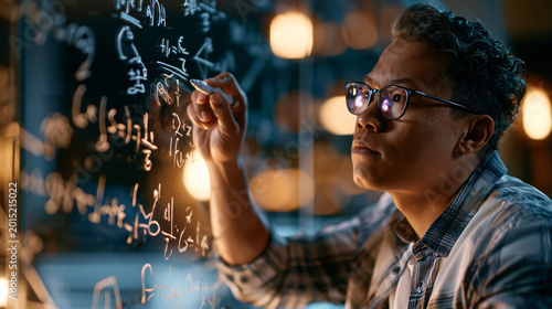 Inventor sketching ideas on glass walls covered in equations and drawings at night experiencing a cinematic creative breakthrough