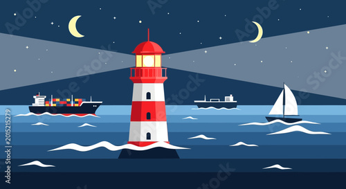Foto Lighthouse guiding ships at night, cargo ship, tanker, sailboat on sea, moonlit