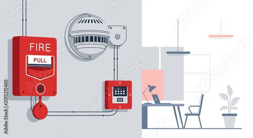 Fire alarm system connected to office interior, safety and security concept