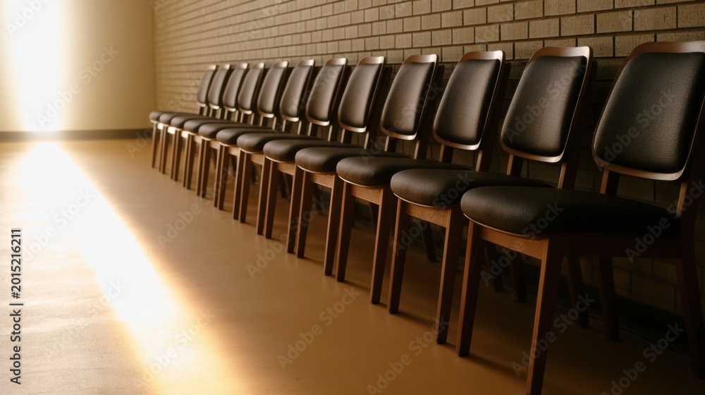 Fototapeta premium Row of empty wooden chairs with black cushions arranged against brick wall in minimalist waiting room with sunlight streaming through window creating warm atmosphere