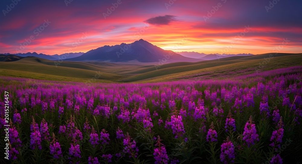 Obraz premium Stunning landscape with a field of purple wildflowers in the foreground and majestic mountains under a vibrant fiery sunset sky