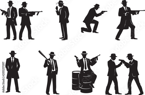 Fotografía Vintage gangster silhouettes set, retro mafia mobster characters with guns and f