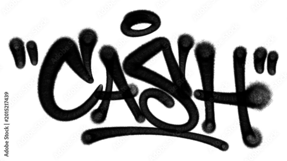 Fototapeta premium Bold cash word hand drawn in red spray paint graffiti style with realistic drip and splatter texture. Urban financial branding element for creative business layouts and modern street art designs.