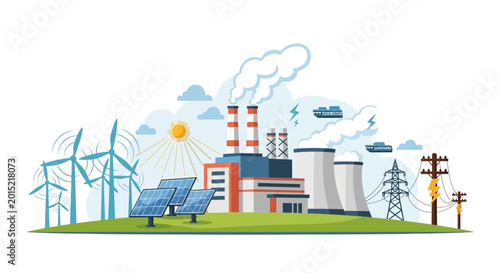 Fotografie Renewable energy sources and industrial power plant illustration
