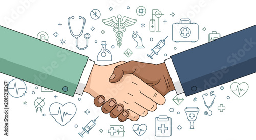 Healthcare Partnership: Diverse Hands Shaking Amidst Medical Icons