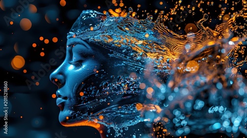 Liquid glass woman profile with cyan water textures and blindfold