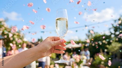 Hand holding champagne glass at outdoor celebration with confetti