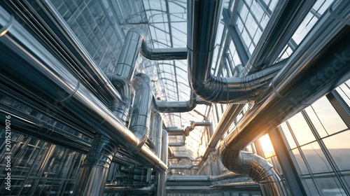 Pipes and structures in a modern greenhouse at sunset showing the connection between nature and technology