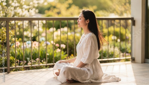 Artistic portrait of a graceful East Asian female model with delicate features and dark hair, looking thoughtfully away in a tranquil setting, ideal for beauty and fashion editorial projects.