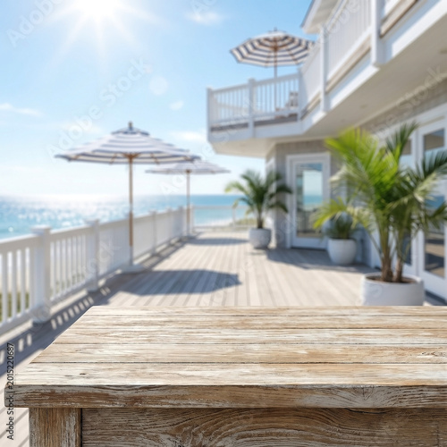 Rustic Wooden Table on Sunny Tropical Beach House Deck Background for Summer Product Presentation Mockup