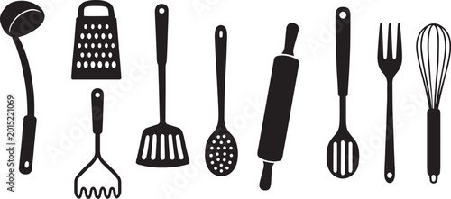 Tableau sur toile Kitchen utensils silhouette collection, black cooking tools vector set, professi