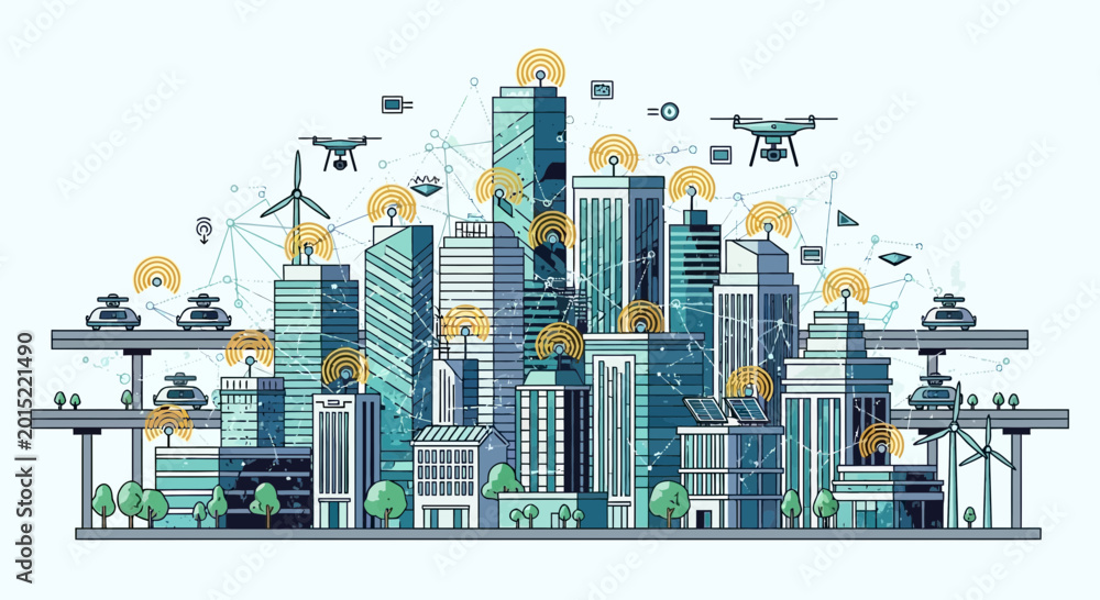 Fototapeta premium Smart City Technology: Futuristic Urban Landscape with Drones, EVs, and Connectivity