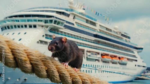 Rat transmitting hantavirus with biohazard and viral infection risk on the cruise ship, hantavirus outbreak from maritime travel concept 