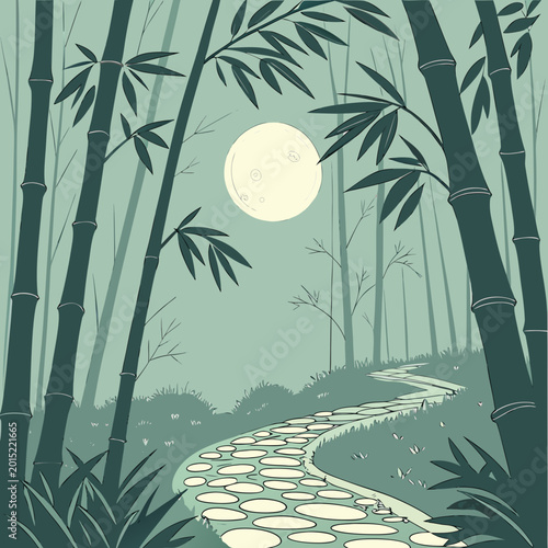 Canvas Print Moonlit bamboo forest path with full moon overhead and stepping stones landscape