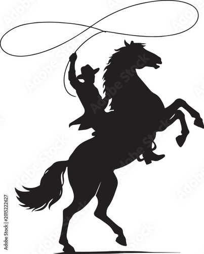 Bild auf Leinwand Western cowboy silhouette on rearing horse, wild west rodeo rider with lasso rop