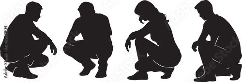 Принти на полотні Crouching people silhouettes set, black vector figures of men and women in squat
