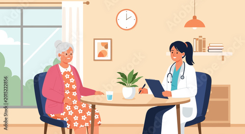 Foto Doctor consults with elderly woman, healthcare, medical check-up, supportive car