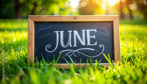Chalkboard with bold elegant white chalk JUNE lettering on lush vibrant green park grass, summer season, new month, fresh and joyful summer