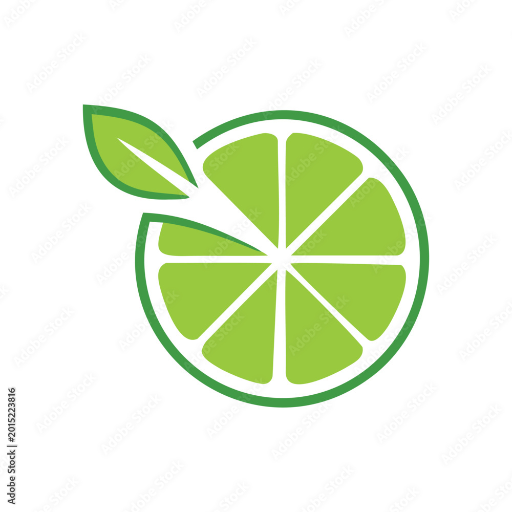 Obraz premium Minimalist Green Lime Slice Vector Logo with Leaf, Fresh Organic Citrus Icon for Juice Bar, Healthy Food Branding, and Eco-Friendly Design