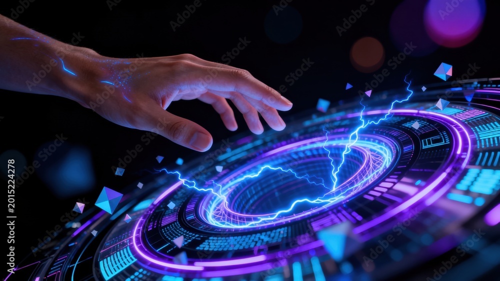 Obraz premium Human hand interacting with futuristic digital interface