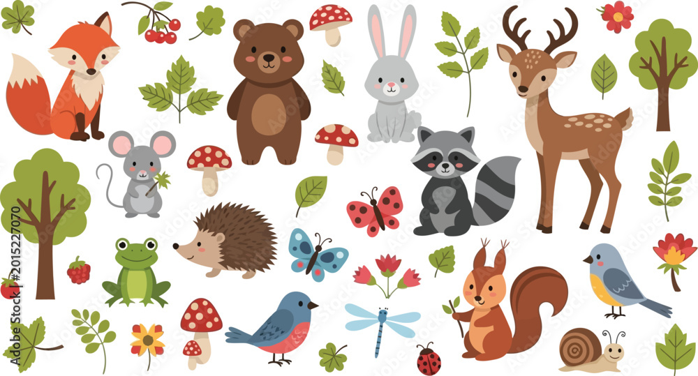 Fototapeta premium Collection of cute cartoon forest animals, plants, and insects on a white background, bear rabbit deer