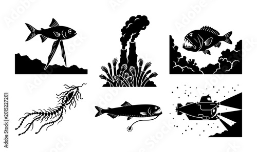 Foto Surreal Aquatic Life and Industry Icons: Fish, Submarine, Factory, Skeleton