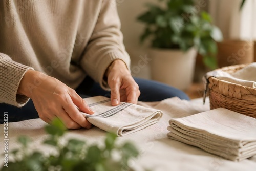 Woman Folding Clean Linen Towels at Home in Cozy Minimal Interior